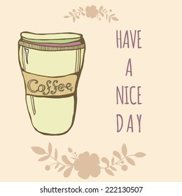Vector cute coffee cup with flowers and sign