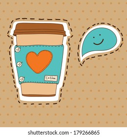 Vector cute coffee cup with heart and speech bubble on the polka dot background.