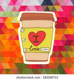 Vector cute coffee cup on the stylish triangle background.