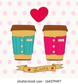 Vector cute coffee cups. Vector card design with heart to Valentine's Day.