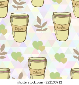 Vector cute coffee cups seamless pattern on triangles background.