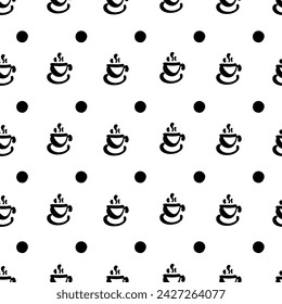 Vektor niedliche Kaffeetassen nahtlose Muster mit Polka Punkt Hintergrund. In: Doodle Cup Sketch. Nahtloses monochromes Kaffeetassenmuster für Stoff, Tapeten, Wickelpapier, Karten und Webhintergrund.