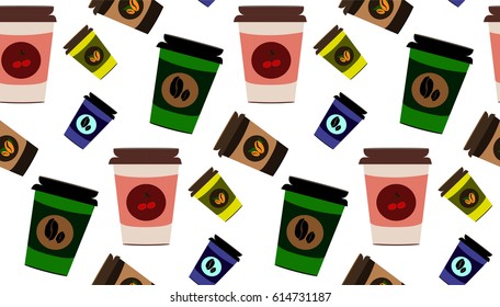 Vector cute coffee cups seamless pattern isolated