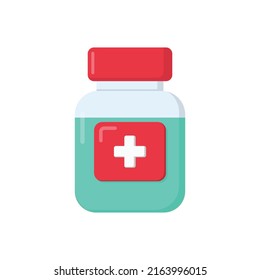 Vector Cute Cold Medicine, Prescription Medicine Liquid Bottle, Medicated Syrup, Cough Syrup, Cartoon, Flat Style, Long Shadow Design, Icon Template.