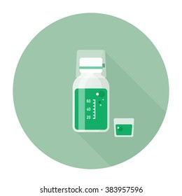 vector cute cold medicine, prescription medicine liquid bottle, medicated syrup, cough syrup / cartoon, flat style, long shadow design, icon template, circle / green on white 