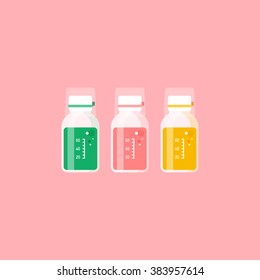 vector cute cold medicine, prescription medicine liquid bottles, medicated syrup, cough syrup / cartoon, flat style, long shadow design, icon template, circle / on pink