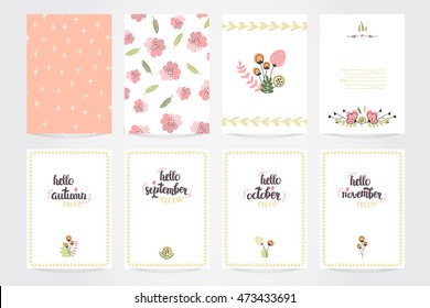 Vector Cute Collection Of Autumn Cards AndI Invitations. Withh Hand Drawn Lettering And Flower. The Trend for banners, labels, signs, prints, posters, web and phone case.
