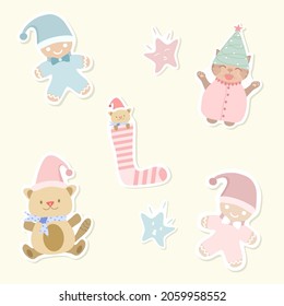 Vector - Cute collection of Christmas concept. Gingerbread, sock, star, teddy bear. Pastel color. Can be use decorate any card, web, print, sticker.