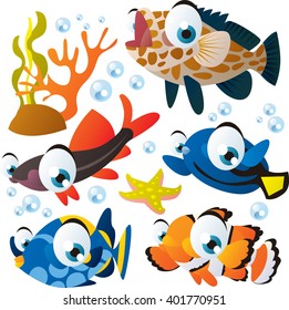 vector cute collection of comic cartoon animals: tropical bright color fish. Underwater sealife  Aquarium.