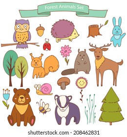 Vector cute  collection with forest animals , each element on separate layer