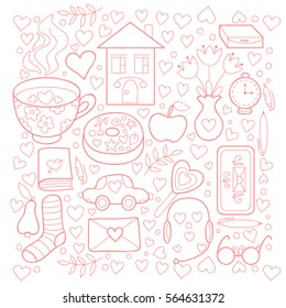 Vector cute collection of girl stuff isolated on white background. Cute pink doodle background with sweets, tea and hearts.
