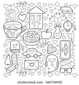 Vector cute collection of girl stuff isolated on white background. Cute doodle background with sweets, tea and hearts.
