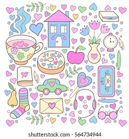 Vector cute collection of girly stuff isolated on white background. Cute doodle background with sweets, tea and hearts.