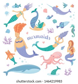 Vector cute collection of mermaids and the underwater world