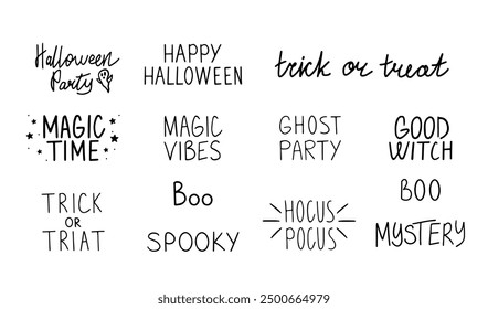 Vector cute collection of phrases and quotes for halloween hand drawn. Magic doodle lettering for halloween holiday