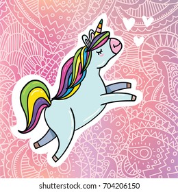 Vector cute color cartoon style summer illustration of magic happy unicorn with rainbow hairs sticker patch badge on lace elegant doodle floral gradient pink background