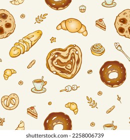 Vector Cute Color pattern with Bakery. Cakes, cookies, tea, coffee, bread, toast. Yummy Breakfast Print Design for Textile or Cafe Board. Icon Design. Hand-drawn.