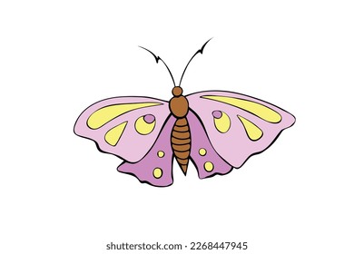 Vector cute color pink butterfly in doodle flat style. Simple design element, clip art for spring, summer, postcard, kids natural element design