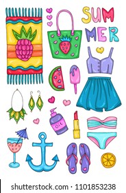 Vector cute colored set  icons, signs summer fashion beachwear and accessories. Collection Summer fresh elements for summer holiday and party. Set collection for design. Isolated on white back