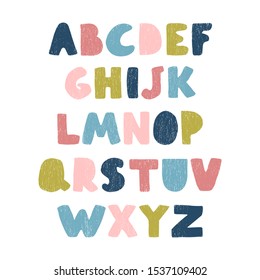 Vector cute colorful alphabet for kids. Can be used as elemets for your design for greeting cards, nursery, poster, card, birthday party, packaging paper design, baby t-shirts prints