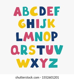 Vector cute colorful alphabet for kids. Can be used as elements for your design for greeting cards, nursery, poster, card, birthday party, packaging paper design, baby t-shirts prints