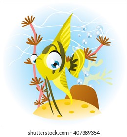 vector cute colorful aquarium illustration. Tropical exotic fish underwater with water plants and bubbles around. Card design