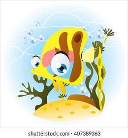vector cute colorful aquarium illustration. Tropical exotic fish underwater with water plants and bubbles around. Card design