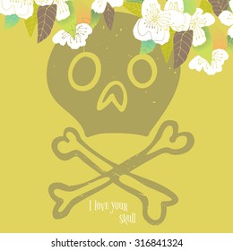 Vector cute colorful art print of cartoon skull with crossbones and flowers background template
