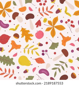 Vector cute colorful autumn natural seamless pattern with autumn leaves, mushrooms, acorns, chestnuts and berries. Funny autumn background