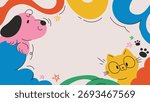 Vector cute colorful background with dog, cat, paw prints, and playful design for kids and students
