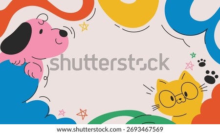 Vector cute colorful background with dog, cat, paw prints, and playful design for kids and students