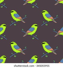 Vector cute colorful canary bird seamless pattern, hand drawn parrot illustration