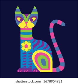 Vector Cute Colorful Cartoon Alebrije Cat Isolated