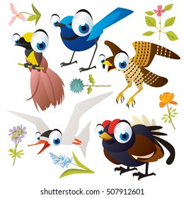 vector cute colorful cartoon isolated birds and flowers illustrations collection: jay, bird of paradise, falcon, tern, blackcock, grouse