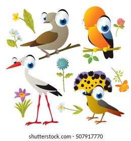 vector cute colorful cartoon isolated birds and flowers illustrations collection: dove, cock of the rock, stork, flycatcher