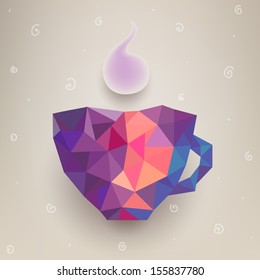 Vector cute colorful cup made of triangles. Label design. Cup logo. Cafe template.