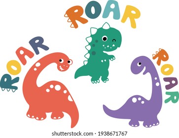 Vector cute colorful dinosaurus set with ROAR text. For birthday party, t-shirt prints, nursery.