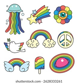 vector cute colorful doodle elements in rainbow colors for decoration on white background