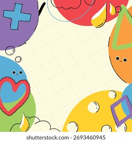 Vector cute colorful frame with happy cartoon shapes and characters for kids background