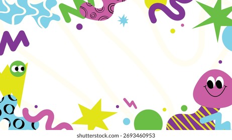 Vector cute colorful frame with happy cartoon shapes and characters for kids background