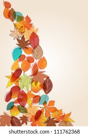 Vector cute, colorful, hand drawn style autumn leaves background illustration