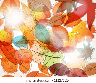 Vector cute, colorful, hand drawn style autumn leaves background illustration