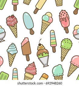 Vector cute colorful ice cream seamless pattern. Fresh and bright illustration with ice cream. Good for fabric, textile, wallpaper, wrapping paper.