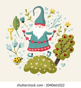 Vector cute colorful illustration of garden gnome with heart and flower. Cartoon elf kid illustration for print. Valentines and Christmas design. Fantasy round ornate drawing