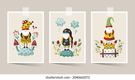 Vector cute colorful illustration of garden gnome with heart and flower. Cartoon elf kid illustration for print. Valentines card and poster set.