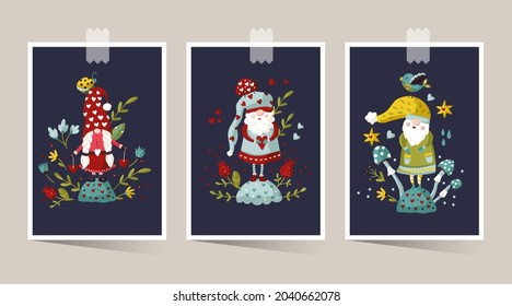 Vector cute colorful illustration of garden gnome with heart and flower. Cartoon elf kid illustration for print. Valentines card and poster set.