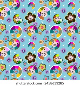 Vector lindo colorido de la cabeza del león de dibujos animados en un fondo azul patrón sin fisuras Se utiliza para el Fondo de pantalla, papel de regalo, textiles.