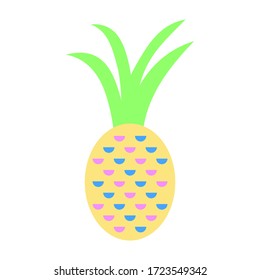 Vector cute colorful pineapple in cartoon style on white background. Sweet fruit. Summer cute fruits for healthy lifestyle. Pineapple or ananas fruit. Vector illustration cartoon isolated ananas