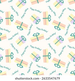 Vector cute and colorful seamless pattern with hand-drawn pastel gift boxes and handwritten "Happy Birthday" lettering. Perfect for wrapping paper, greeting cards, party invitations, backgrounds,  