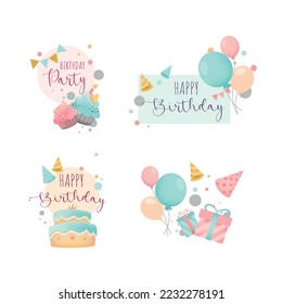 Vector cute colorful set of birthday logo for banner poster and greeting cards. Happy Birthday collection hand drawn style